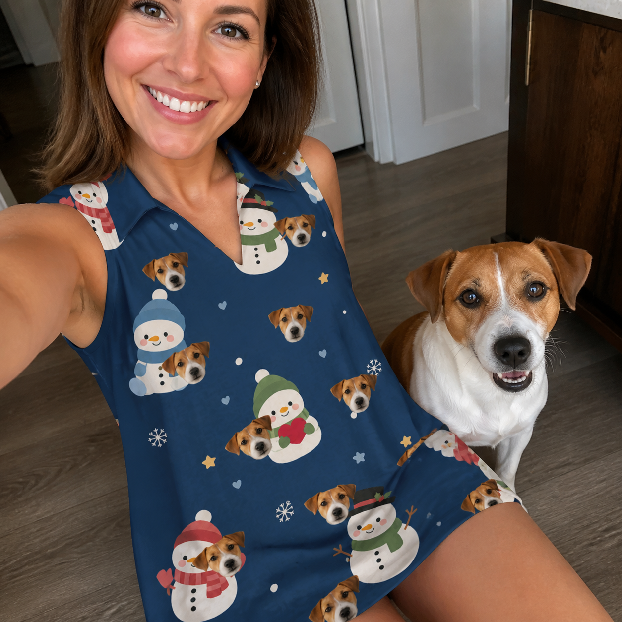 Selfie with the pet whose face is printed all over this Women's Snowman Shenanigans Custom Dog Face V-Neck Dress