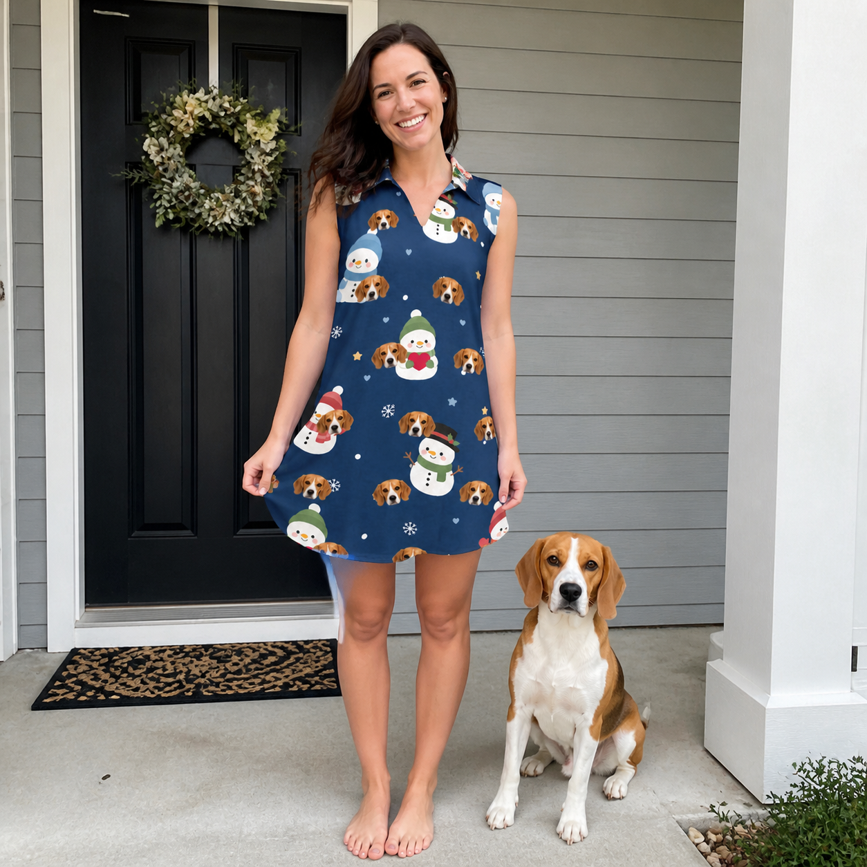Full-length photo with the pet printed all over this Women's Snowman Shenanigans Custom Dog Face V-Neck Dress