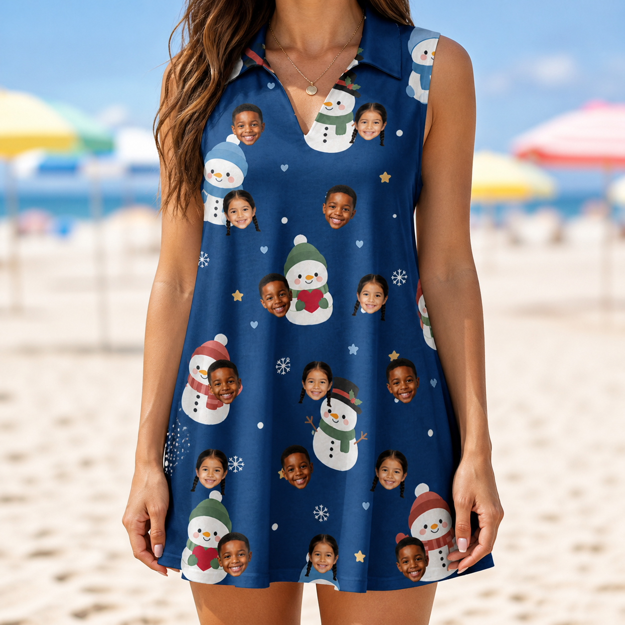Model wearing Women's Snowman Shenanigans Custom Face V-Neck Dress printed with kids' faces