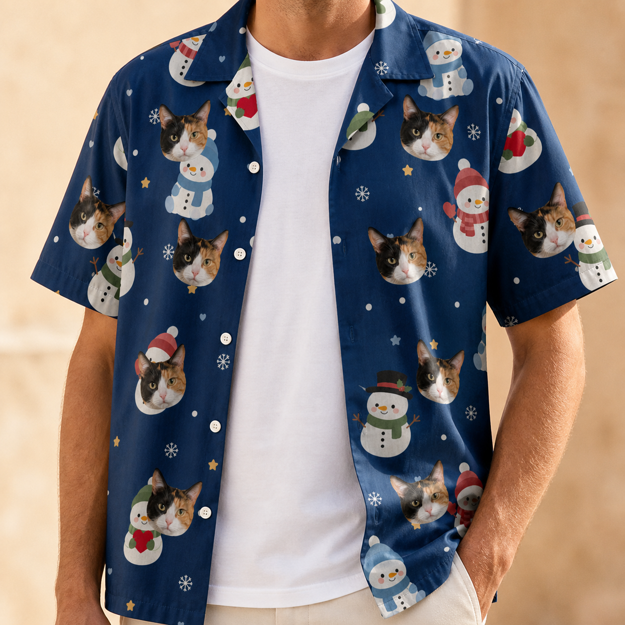 Man wearing Men's Snowman Shenanigans Custom Cat Face Hawaiian Shirt open over a white tee