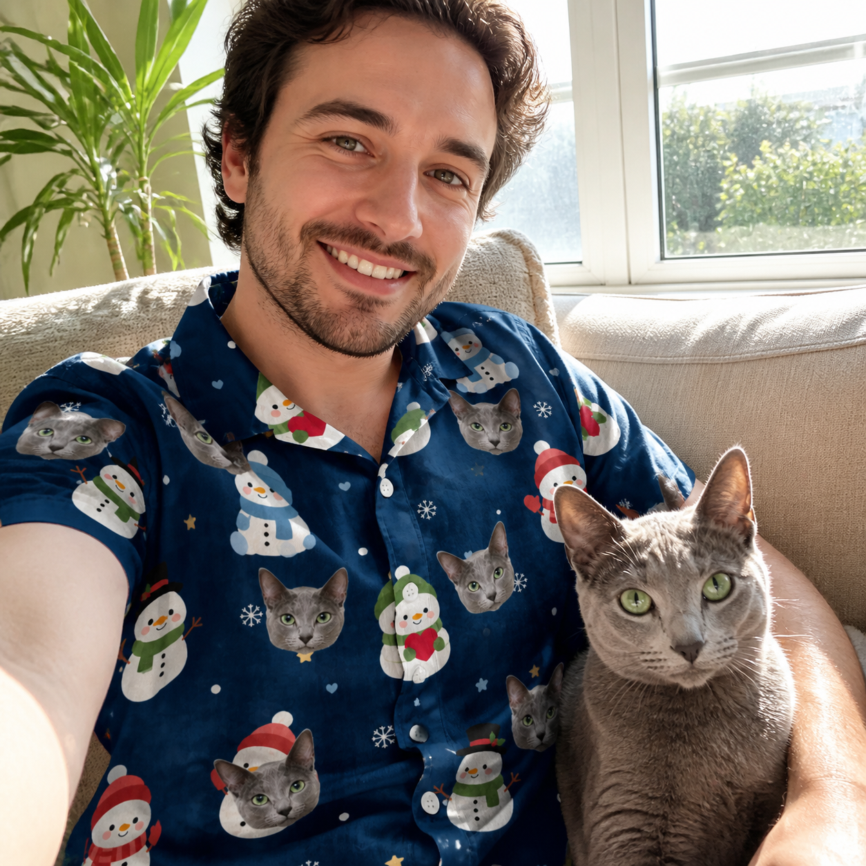 Selfie with the pet whose face is printed all over this Men's Snowman Shenanigans Custom Cat Face Hawaiian Shirt
