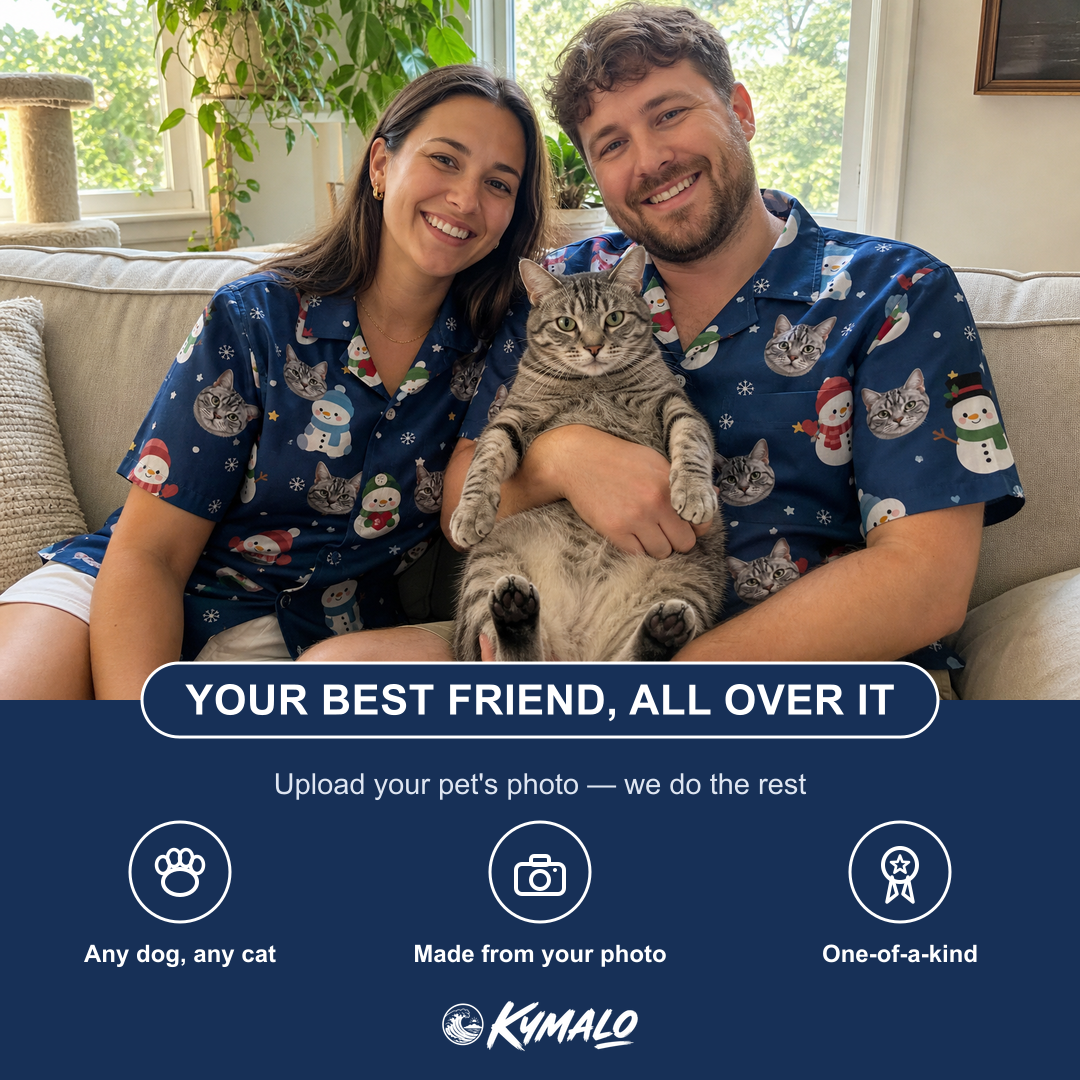 Friends in matching Men's Snowman Shenanigans Custom Cat Face Hawaiian Shirt — a group gift photo
