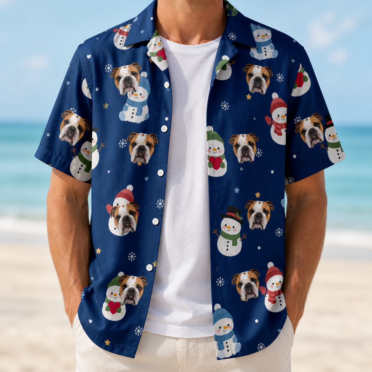 Man wearing Men's Snowman Shenanigans Custom Dog Face Hawaiian Shirt open over a white tee
