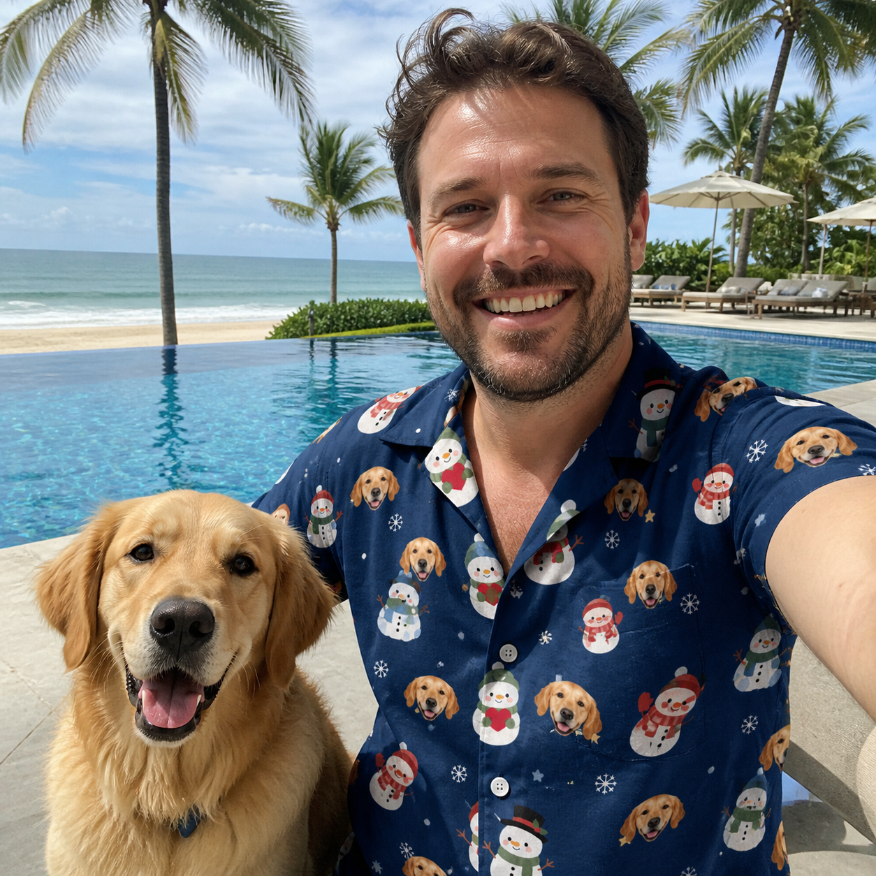 Selfie with the pet whose face is printed all over this Men's Snowman Shenanigans Custom Dog Face Hawaiian Shirt