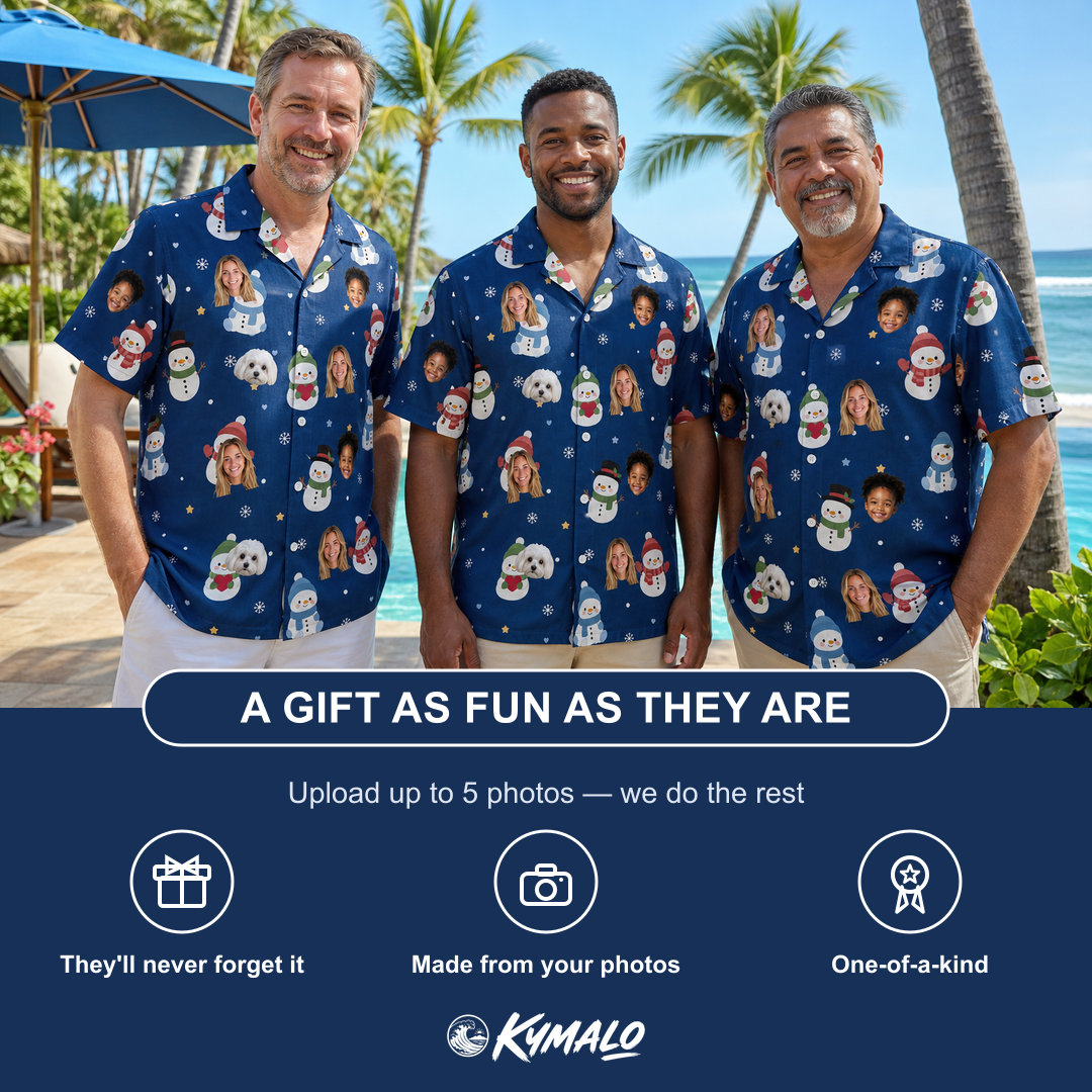 Friends in matching Men's Snowman Shenanigans Custom Face Hawaiian Shirt — a group gift photo