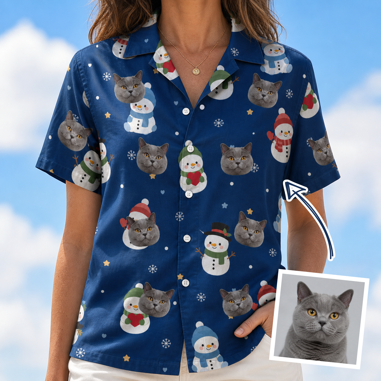 Woman wearing Women's Snowman Shenanigans Custom Cat Face Hawaiian Shirt — custom faces printed all-over