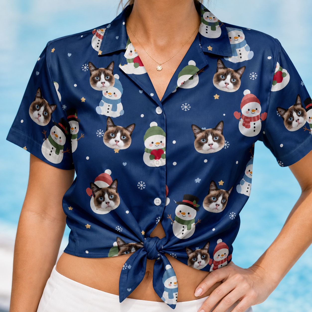 Woman wearing Women's Snowman Shenanigans Custom Cat Face Hawaiian Shirt tied at the waist