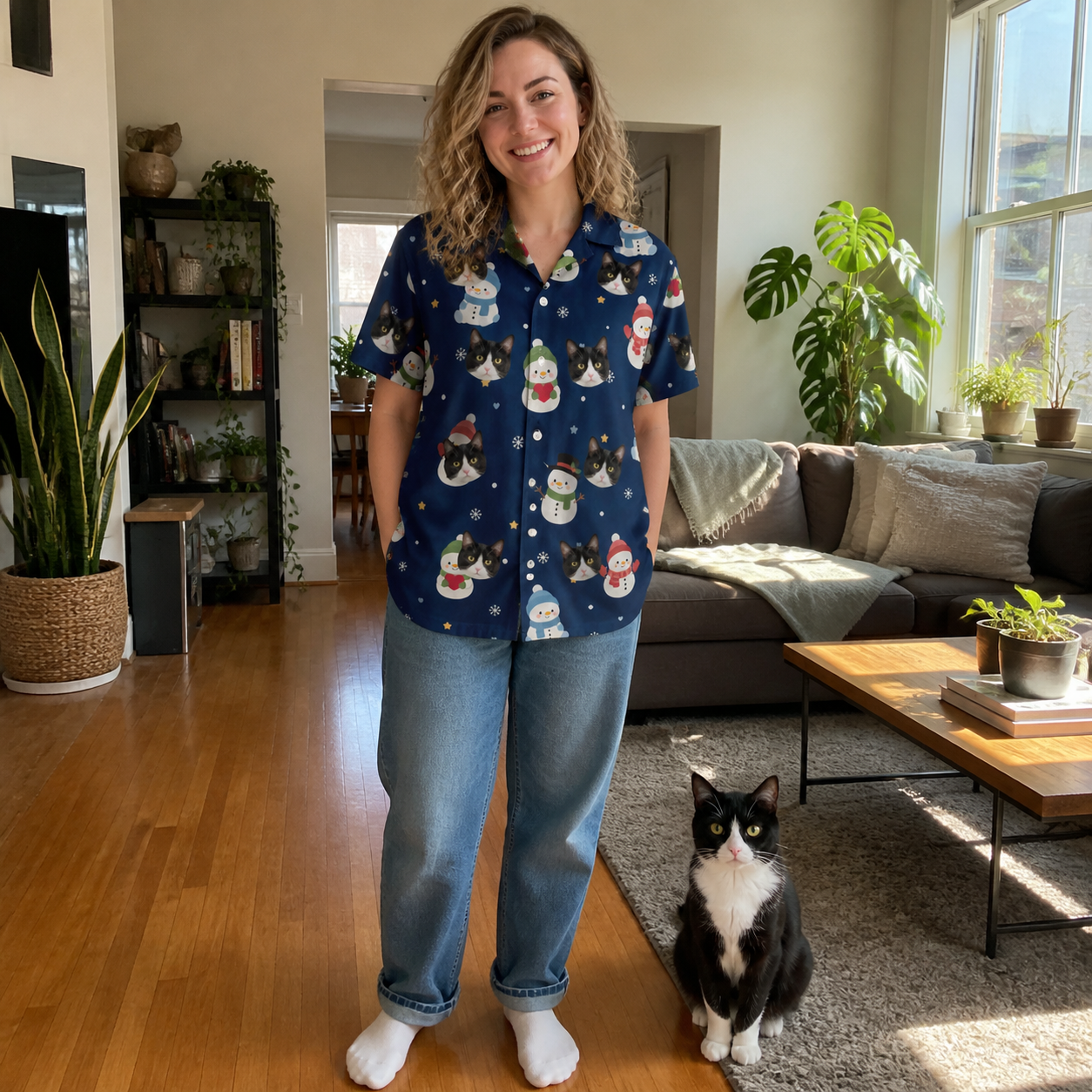 Full-length photo with the pet printed all over this Women's Snowman Shenanigans Custom Cat Face Hawaiian Shirt