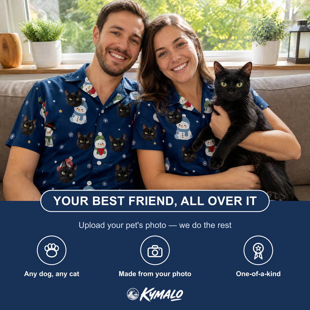 Friends in matching Women's Snowman Shenanigans Custom Cat Face Hawaiian Shirt — a group gift photo