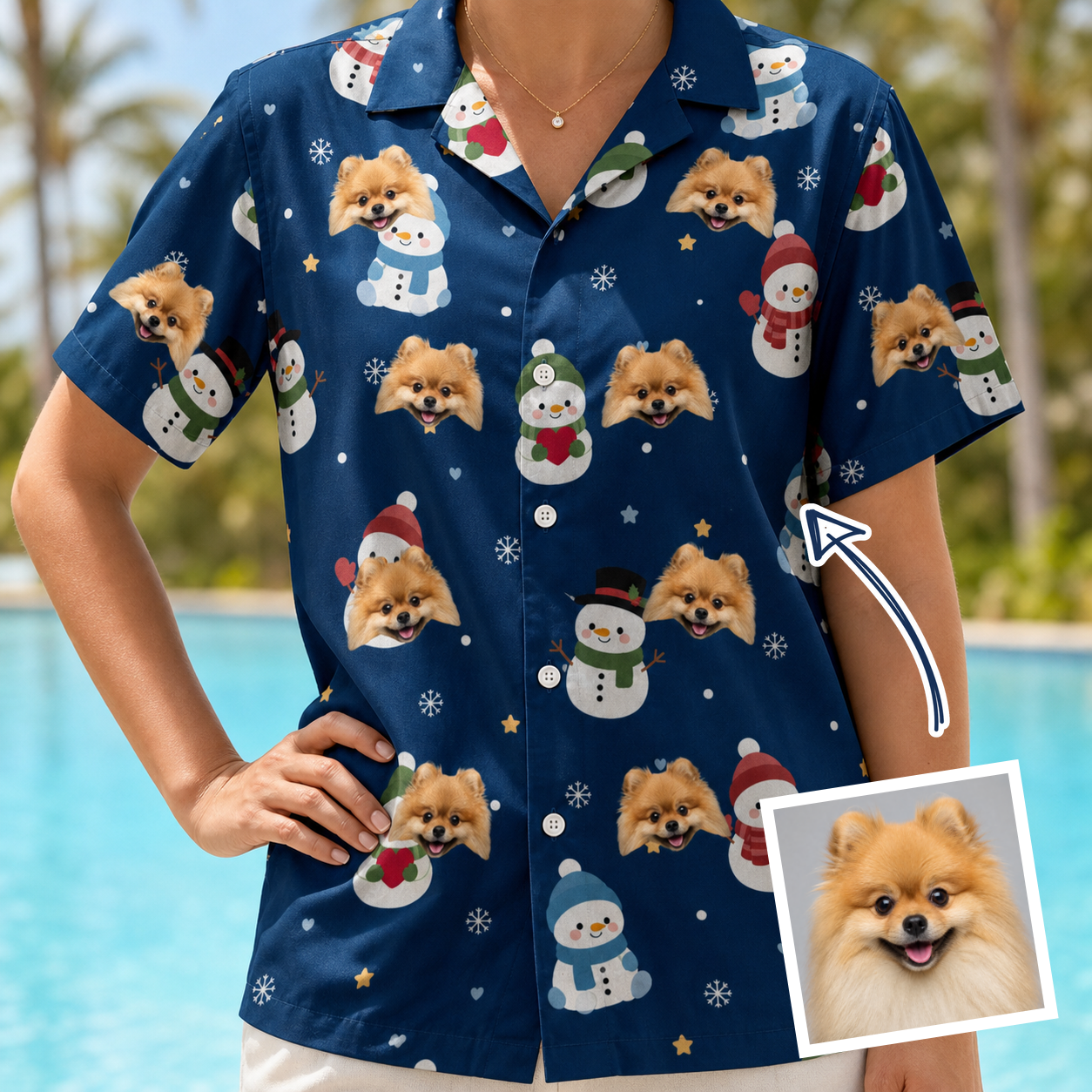 Woman wearing Women's Snowman Shenanigans Custom Dog Face Hawaiian Shirt — custom faces printed all-over