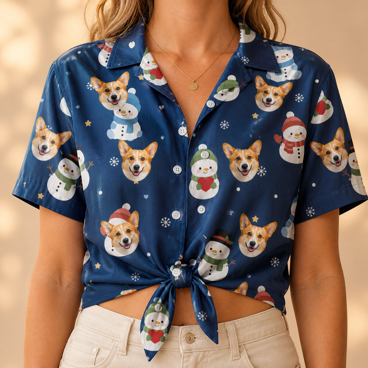 Woman wearing Women's Snowman Shenanigans Custom Dog Face Hawaiian Shirt tied at the waist