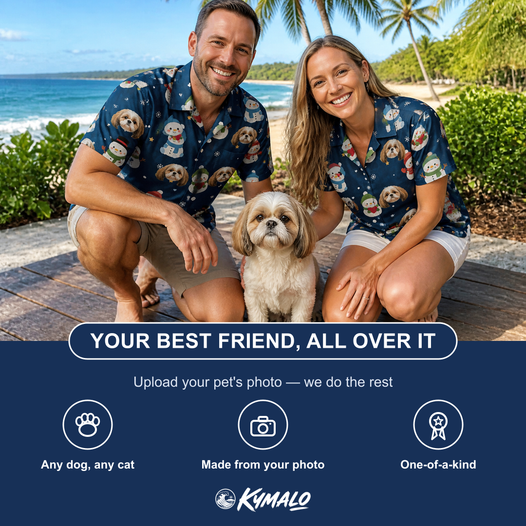 Friends in matching Women's Snowman Shenanigans Custom Dog Face Hawaiian Shirt — a group gift photo