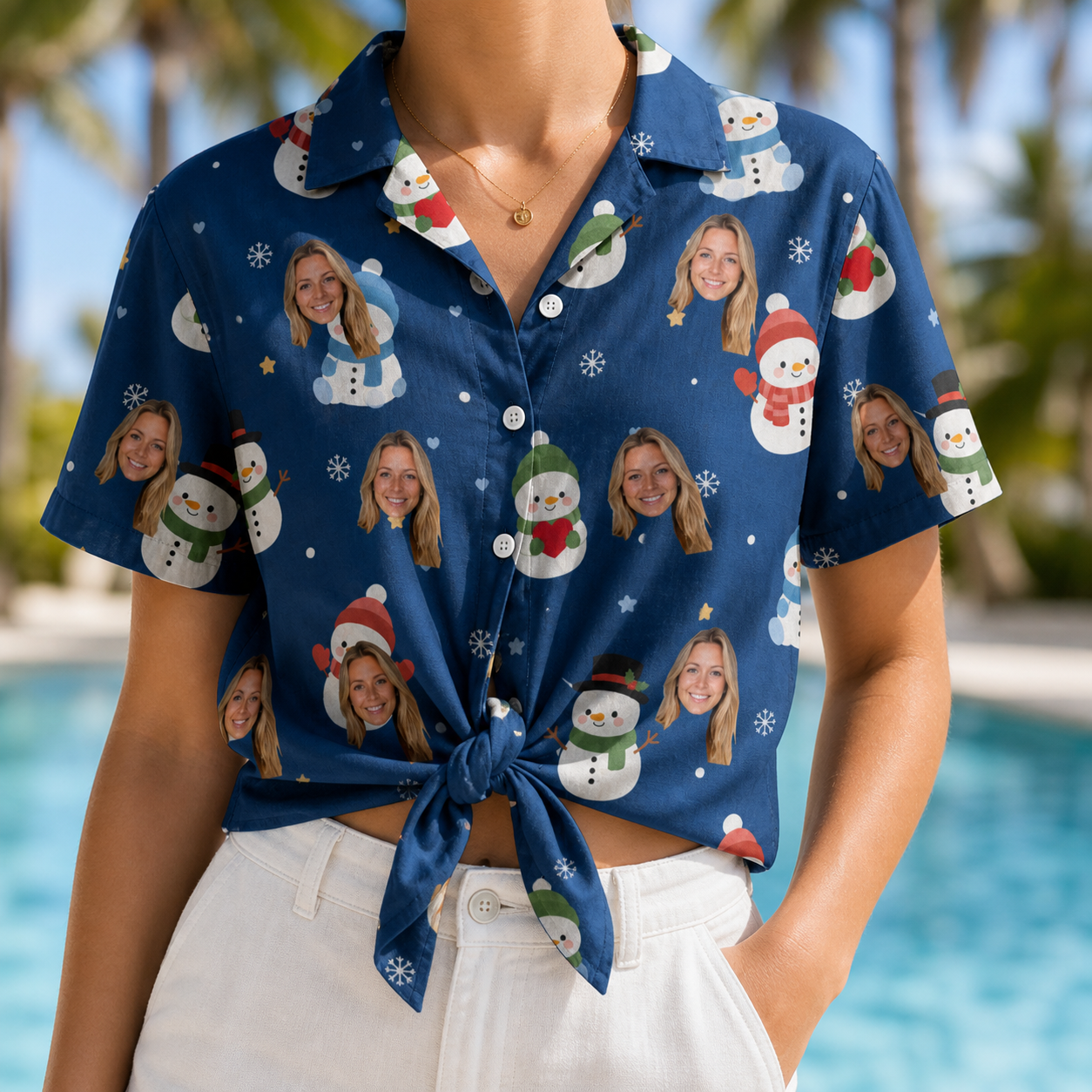 Woman wearing Women's Snowman Shenanigans Custom Face Hawaiian Shirt tied at the waist