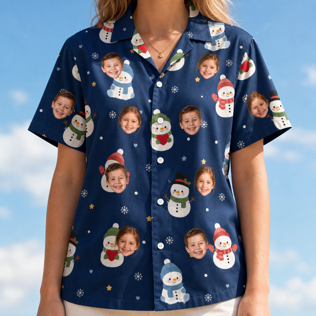 Model wearing Women's Snowman Shenanigans Custom Face Hawaiian Shirt printed with kids' faces