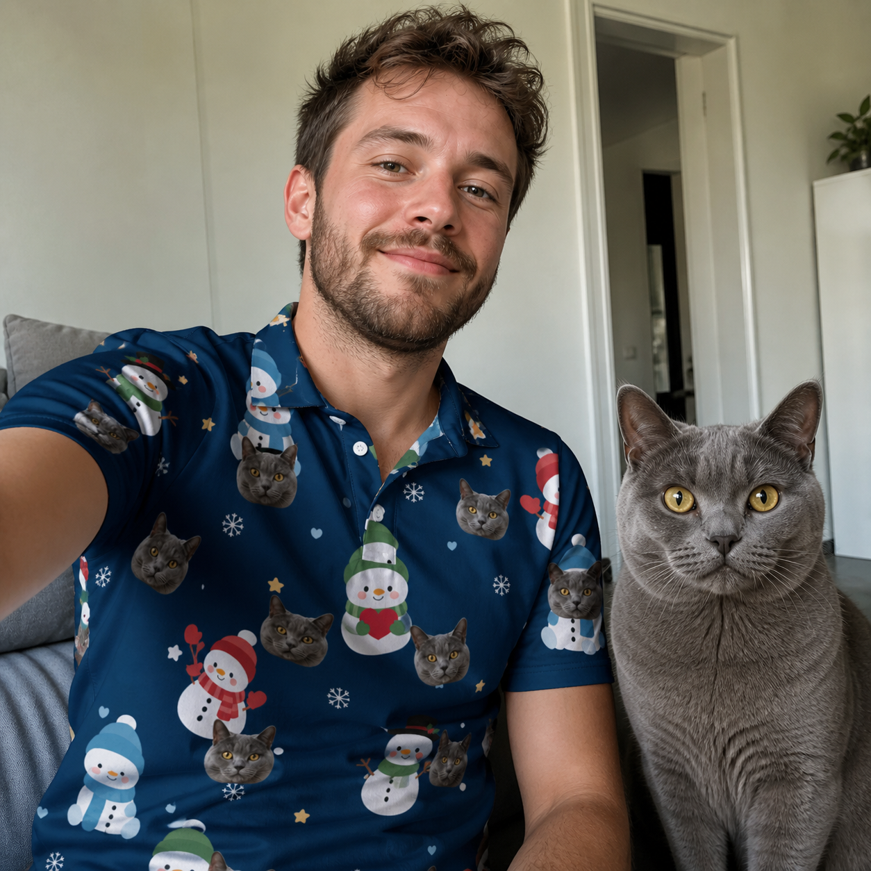Selfie with the pet whose face is printed all over this Men's Snowman Shenanigans Custom Cat Face Polo Shirt