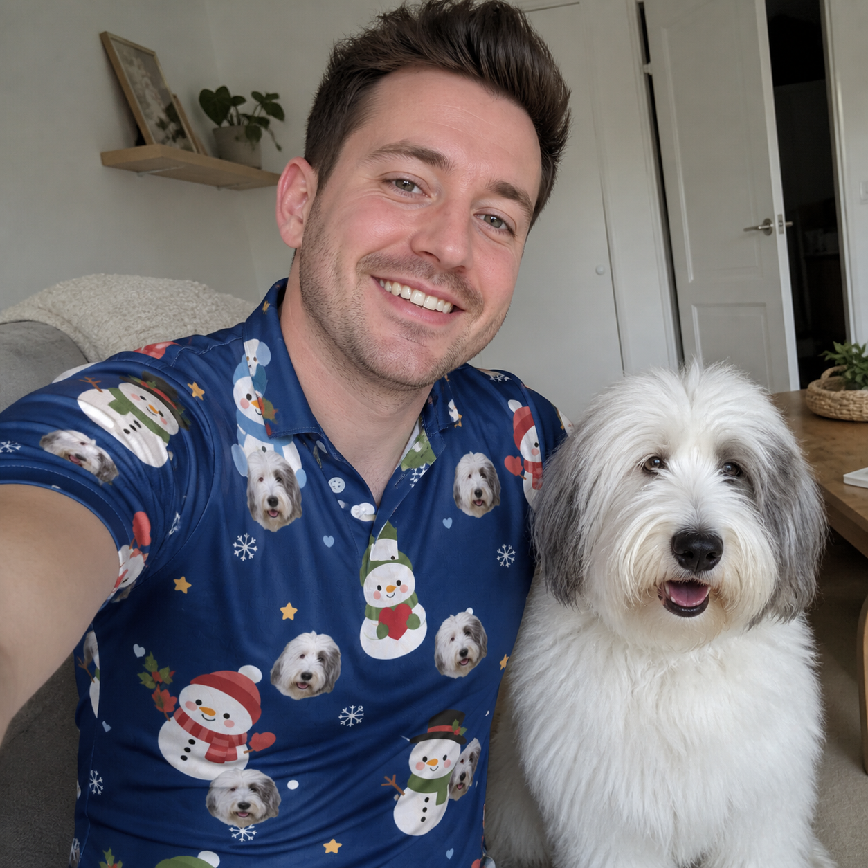 Selfie with the pet whose face is printed all over this Men's Snowman Shenanigans Custom Dog Face Polo Shirt