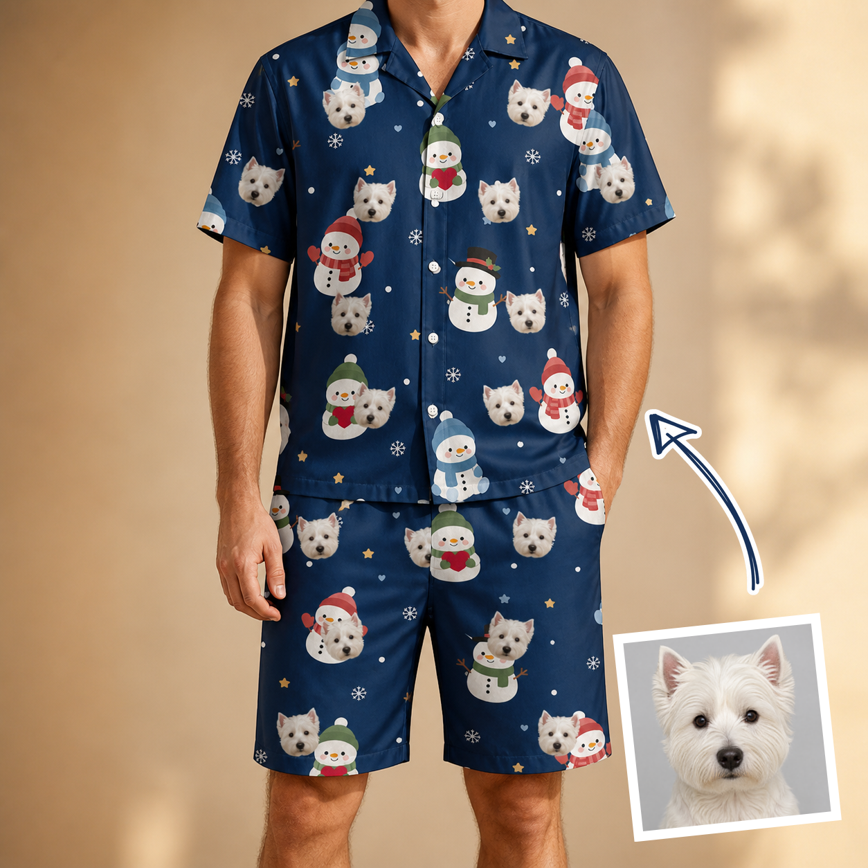 Man wearing Men's Snowman Shenanigans Custom Dog Face Shirt & Shorts Set — custom faces printed all-over