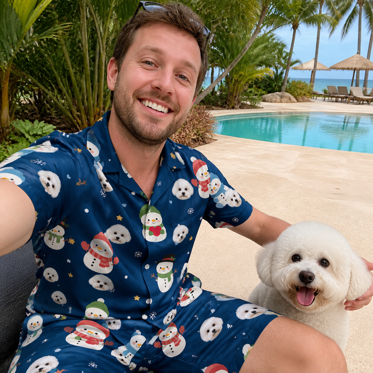 Selfie with the pet whose face is printed all over this Men's Snowman Shenanigans Custom Dog Face Shirt & Shorts Set