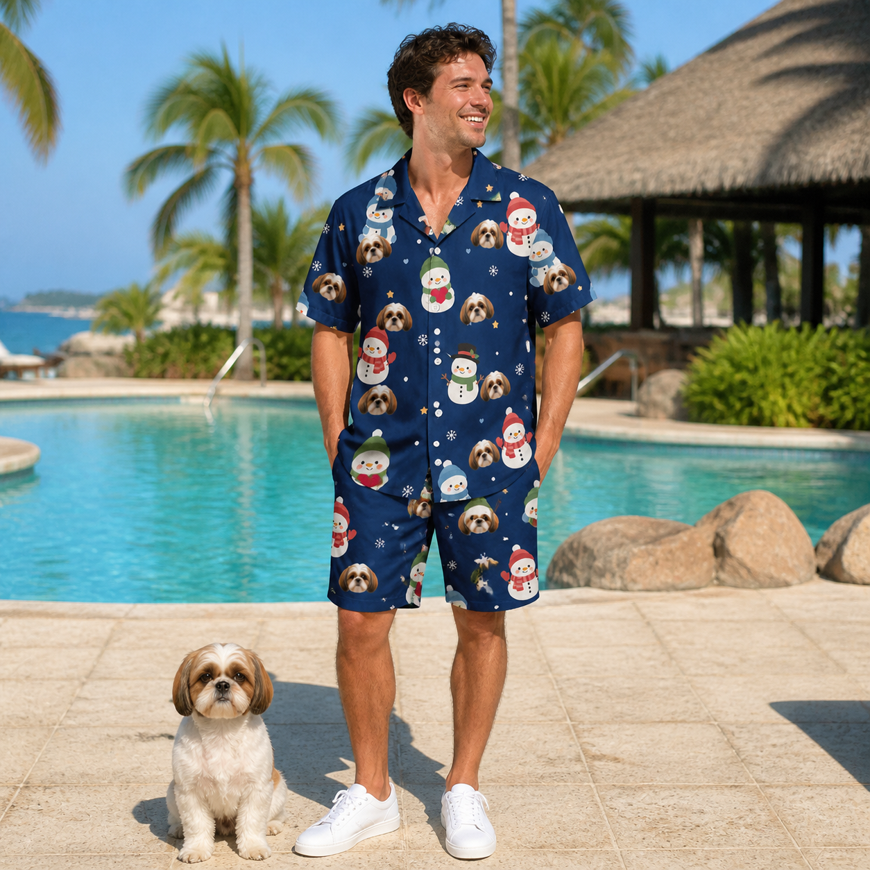 Full-length photo with the pet printed all over this Men's Snowman Shenanigans Custom Dog Face Shirt & Shorts Set