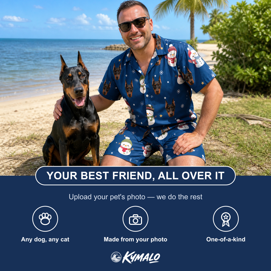 Friends in matching Men's Snowman Shenanigans Custom Dog Face Shirt & Shorts Set — a group gift photo