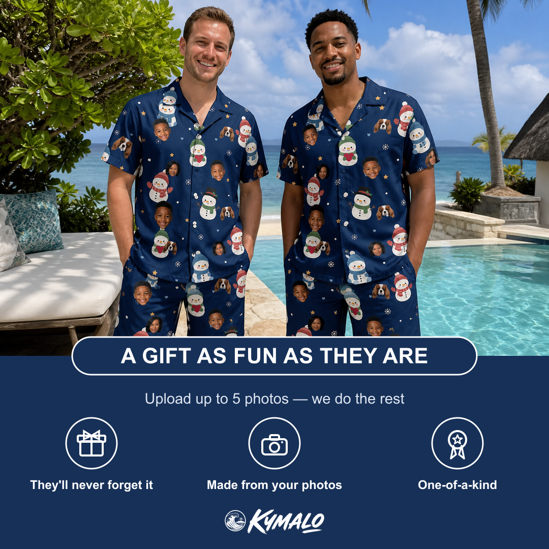 Friends in matching Men's Snowman Shenanigans Custom Face Shirt & Shorts Set — a group gift photo