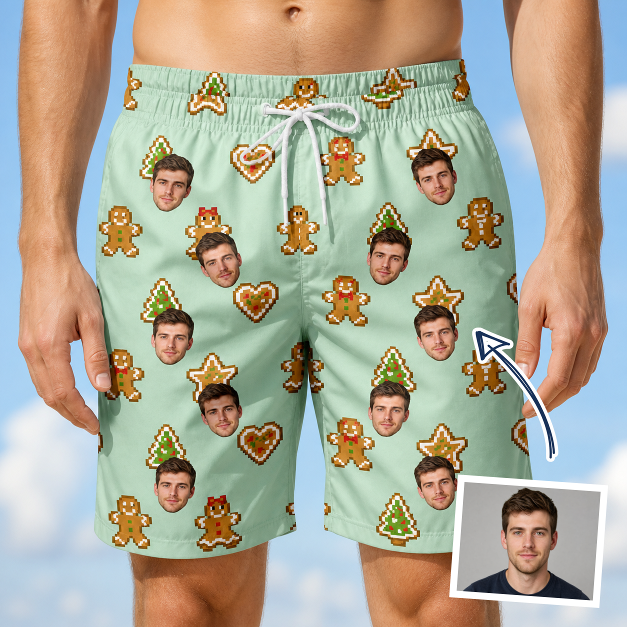 Man wearing Men's Gingerbread Gallop Custom Face Beach Shorts — custom faces printed all-over