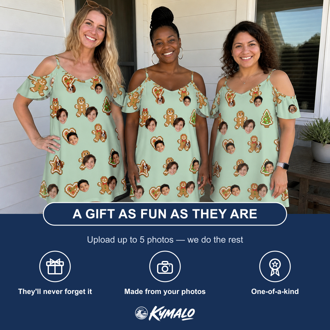 Friends in matching Women's Gingerbread Gallop Custom Face Off-Shoulder Dress — a group gift photo