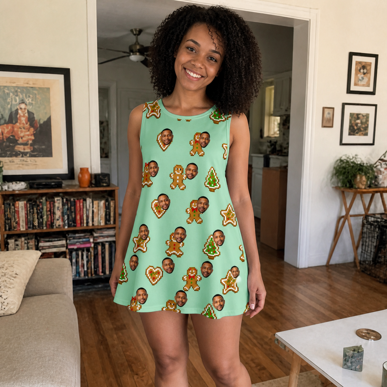 Real-life photo of someone wearing Women's Gingerbread Gallop Custom Face Tank Dress — custom faces printed all-over
