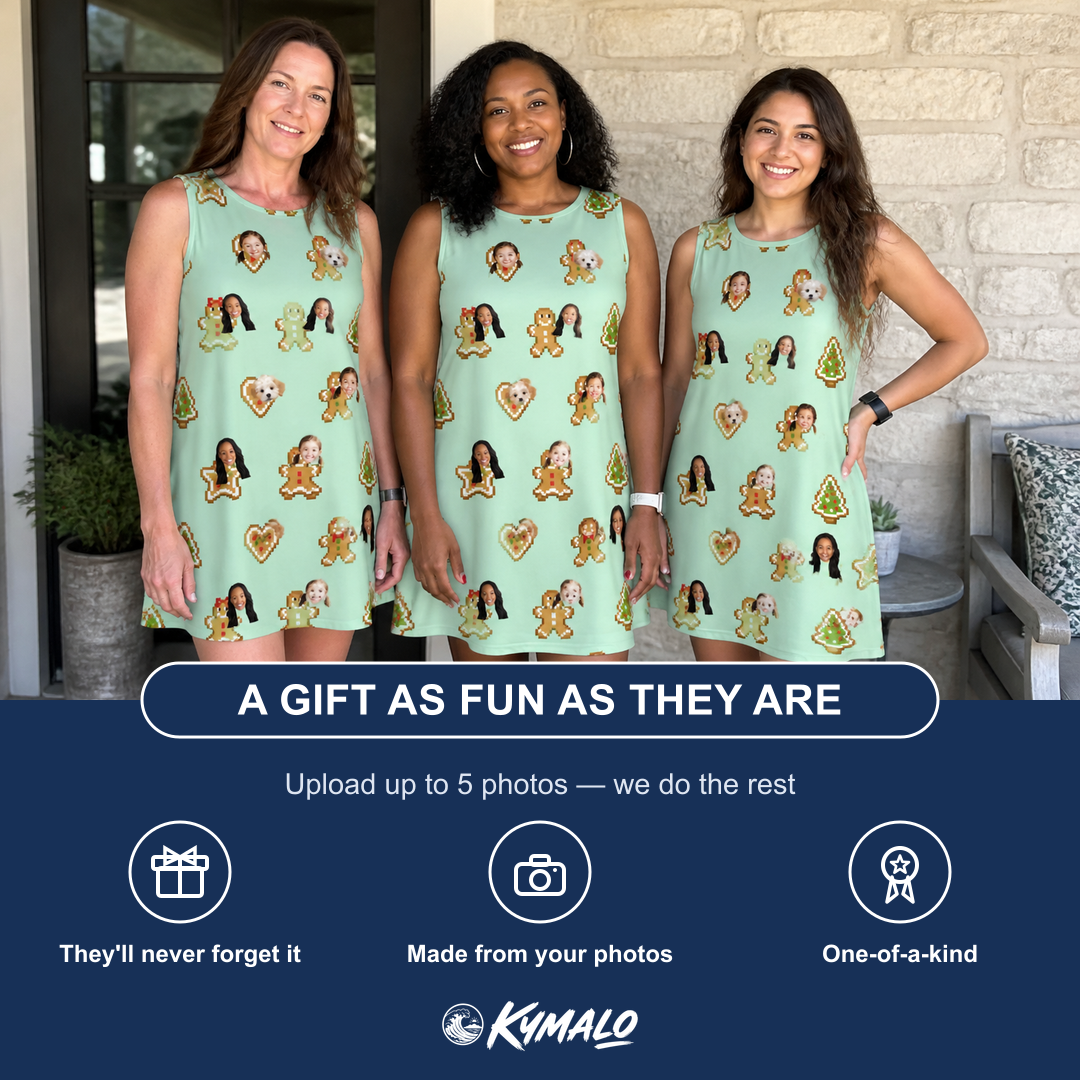 Friends in matching Women's Gingerbread Gallop Custom Face Tank Dress — a group gift photo
