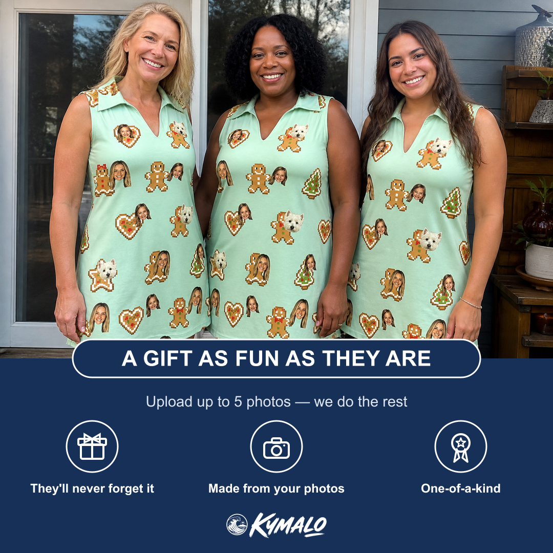 Friends in matching Women's Gingerbread Gallop Custom Face V-Neck Dress — a group gift photo
