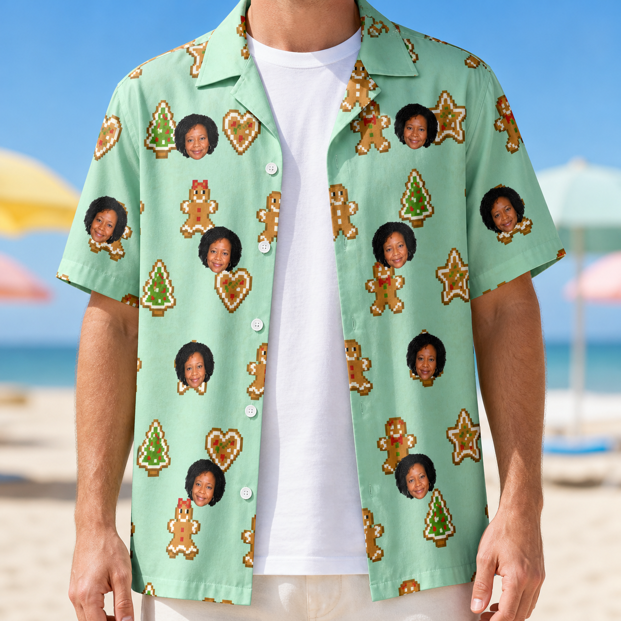 Man wearing Men's Gingerbread Gallop Custom Face Hawaiian Shirt open over a white tee
