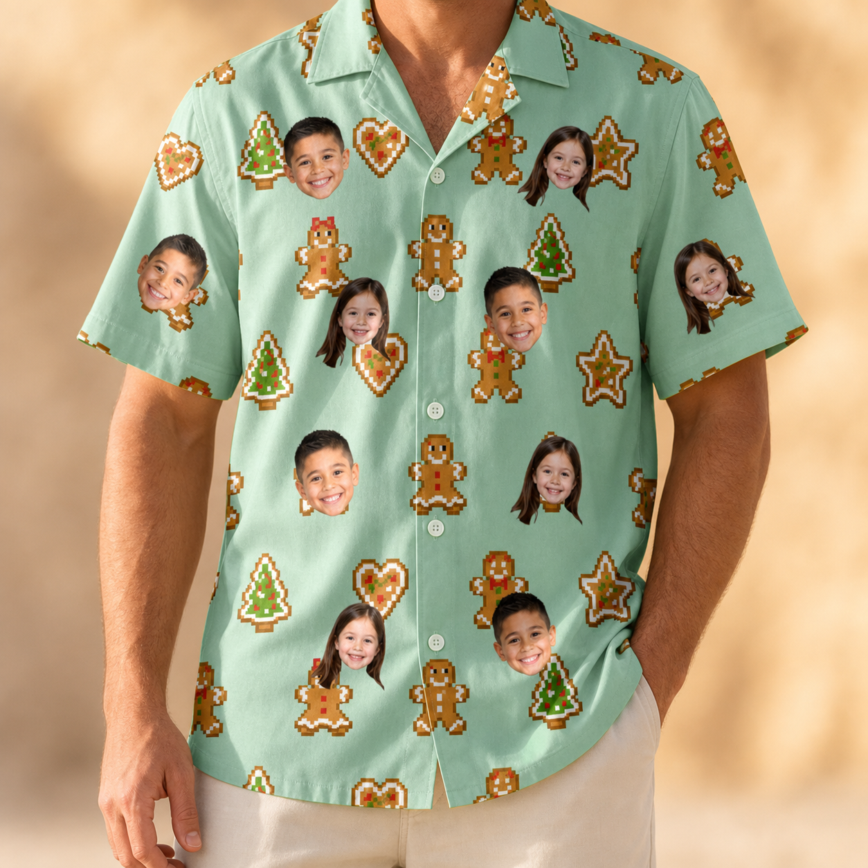 Model wearing Men's Gingerbread Gallop Custom Face Hawaiian Shirt printed with kids' faces