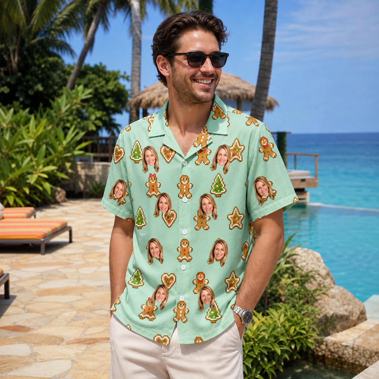 Real-life photo of someone wearing Men's Gingerbread Gallop Custom Face Hawaiian Shirt — custom faces printed all-over