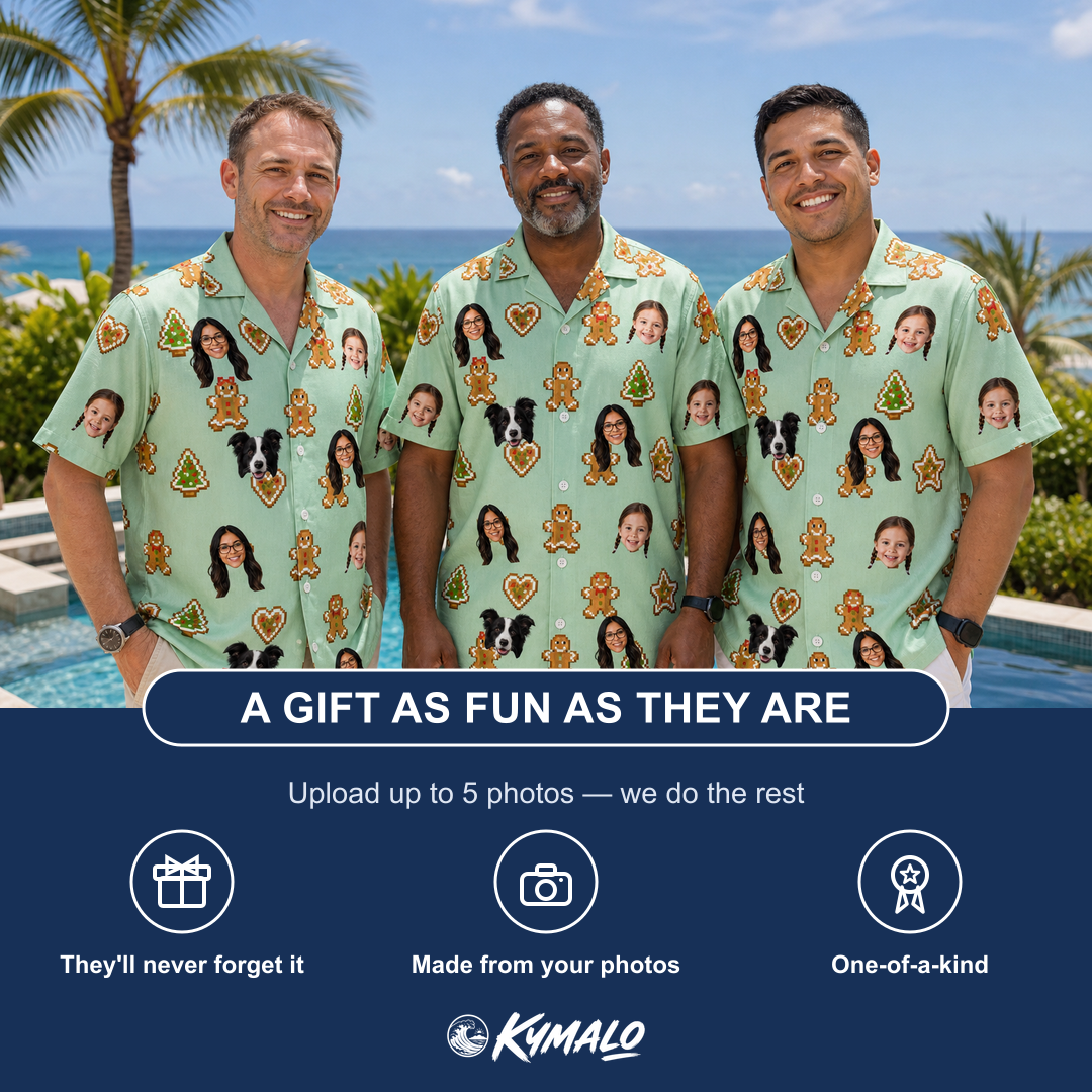 Friends in matching Men's Gingerbread Gallop Custom Face Hawaiian Shirt — a group gift photo