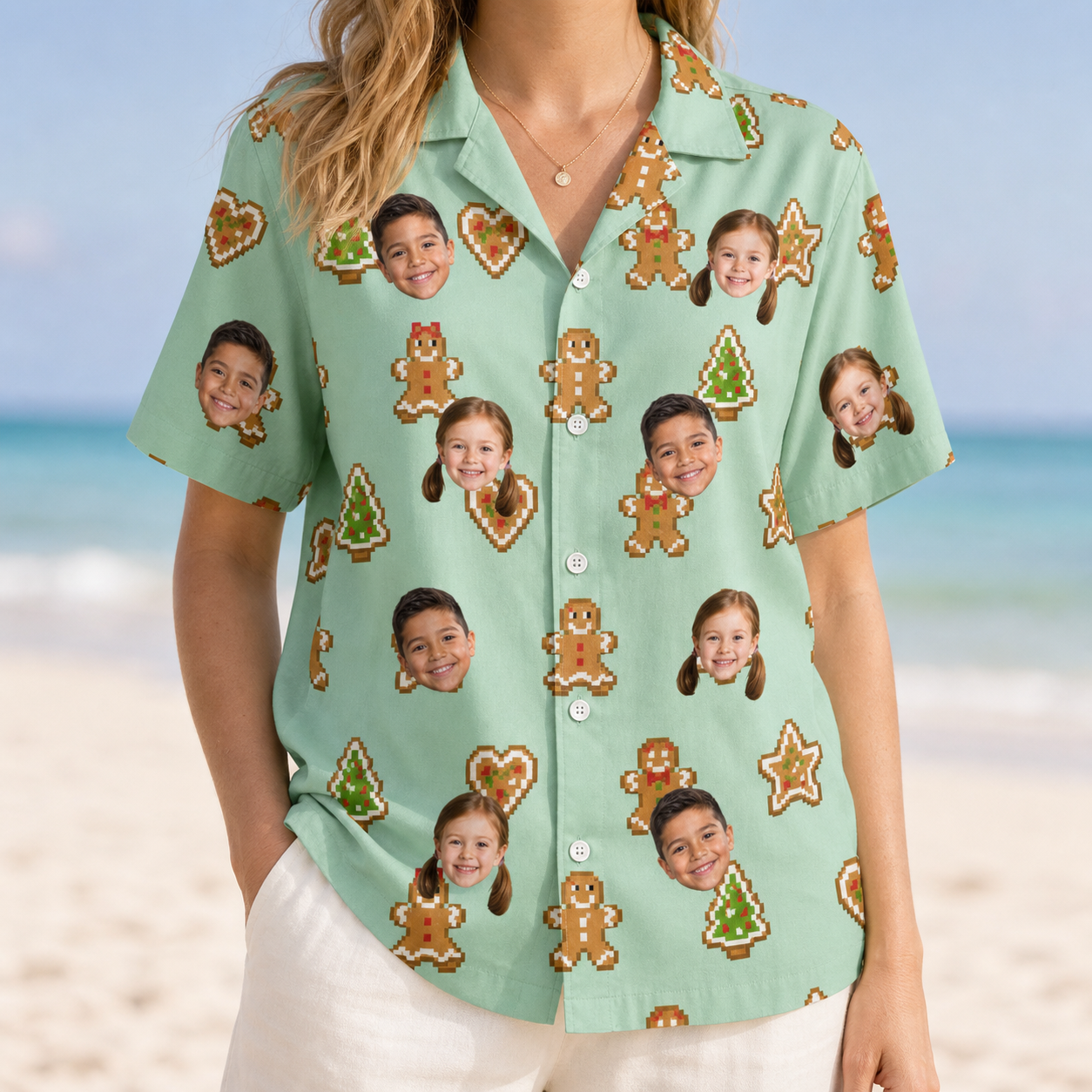 Model wearing Women's Gingerbread Gallop Custom Face Hawaiian Shirt printed with kids' faces