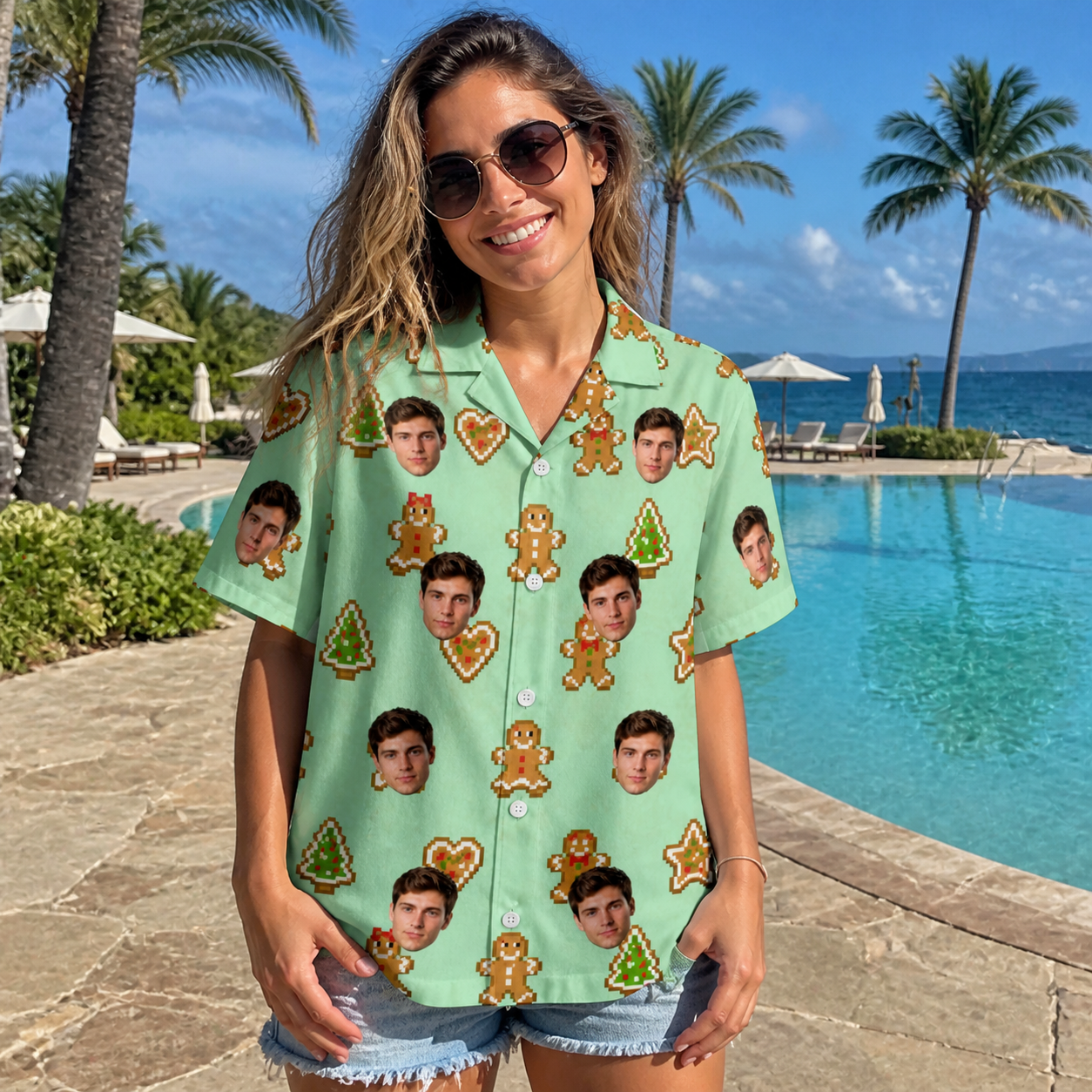 Real-life photo of someone wearing Women's Gingerbread Gallop Custom Face Hawaiian Shirt — custom faces printed all-over