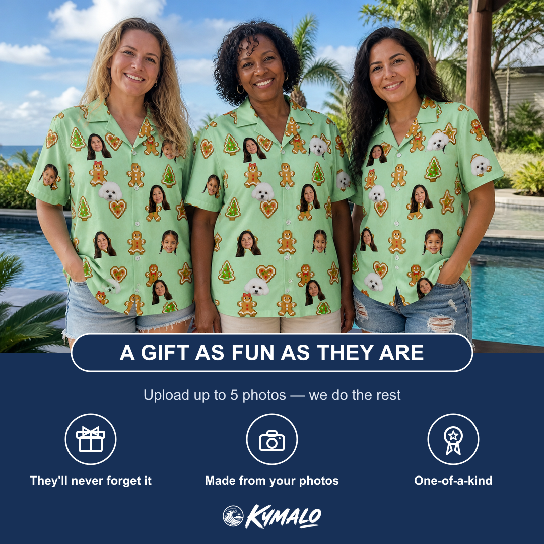 Friends in matching Women's Gingerbread Gallop Custom Face Hawaiian Shirt — a group gift photo