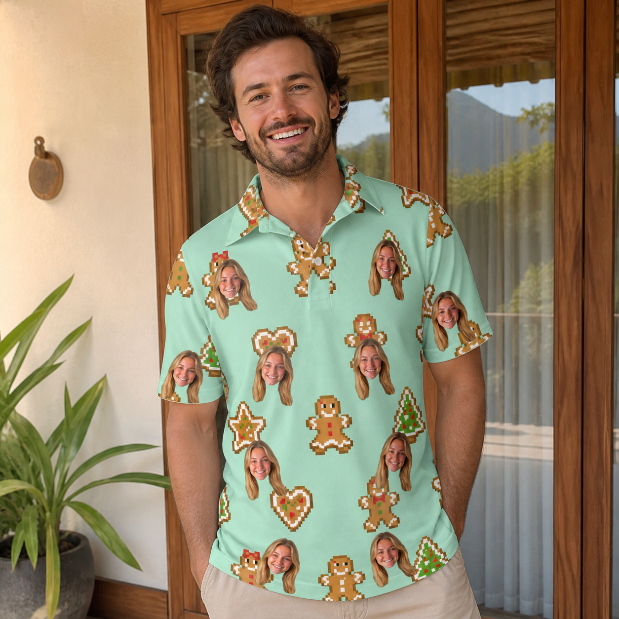 Real-life photo of someone wearing Men's Gingerbread Gallop Custom Face Polo Shirt — custom faces printed all-over