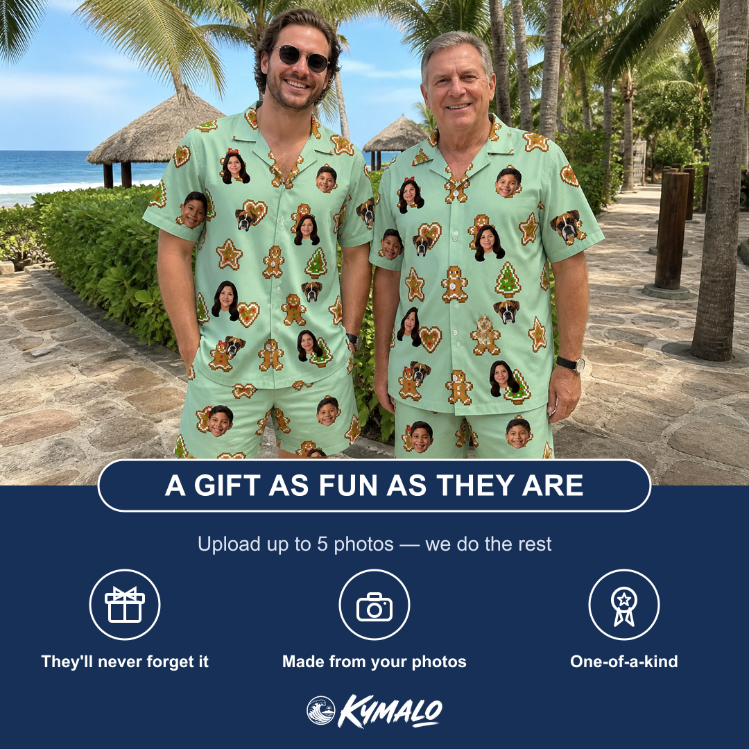Friends in matching Men's Gingerbread Gallop Custom Face Shirt & Shorts Set — a group gift photo