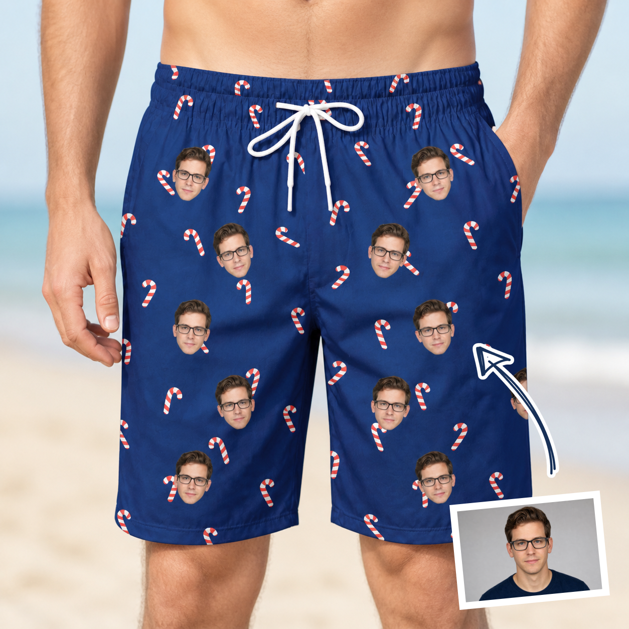 Man wearing Men's Peppermint Pizzazz Custom Face Beach Shorts — custom faces printed all-over