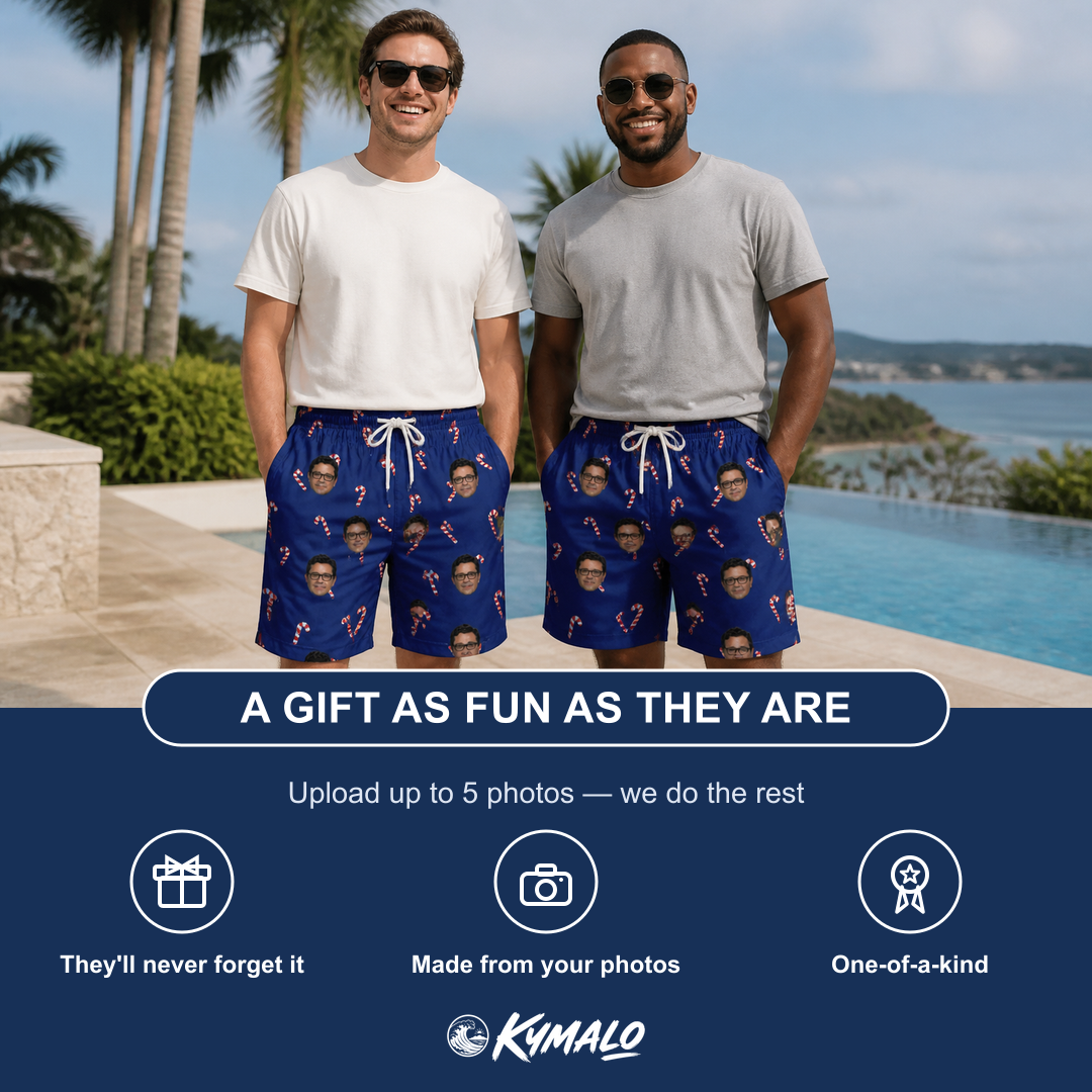 Friends in matching Men's Peppermint Pizzazz Custom Face Beach Shorts — a group gift photo