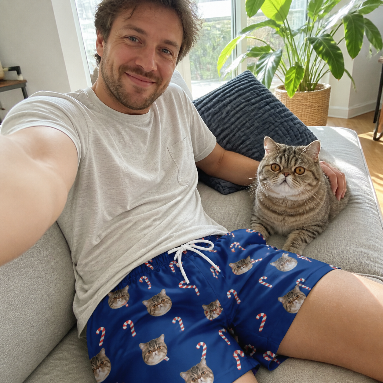 Selfie with the pet whose face is printed all over this Men's Peppermint Pizzazz Custom Cat Face Beach Shorts