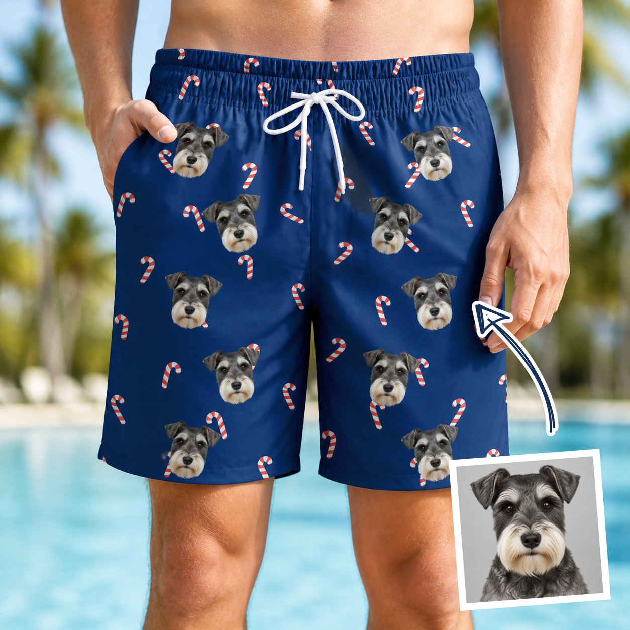 Man wearing Men's Peppermint Pizzazz Custom Dog Face Beach Shorts — custom faces printed all-over
