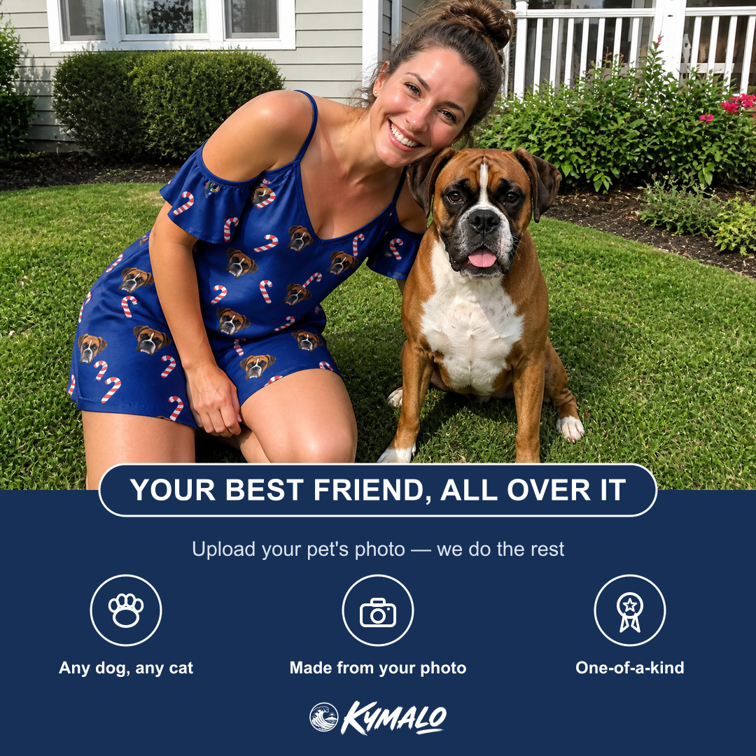 Friends in matching Women's Peppermint Pizzazz Custom Dog Face Off-Shoulder Dress — a group gift photo