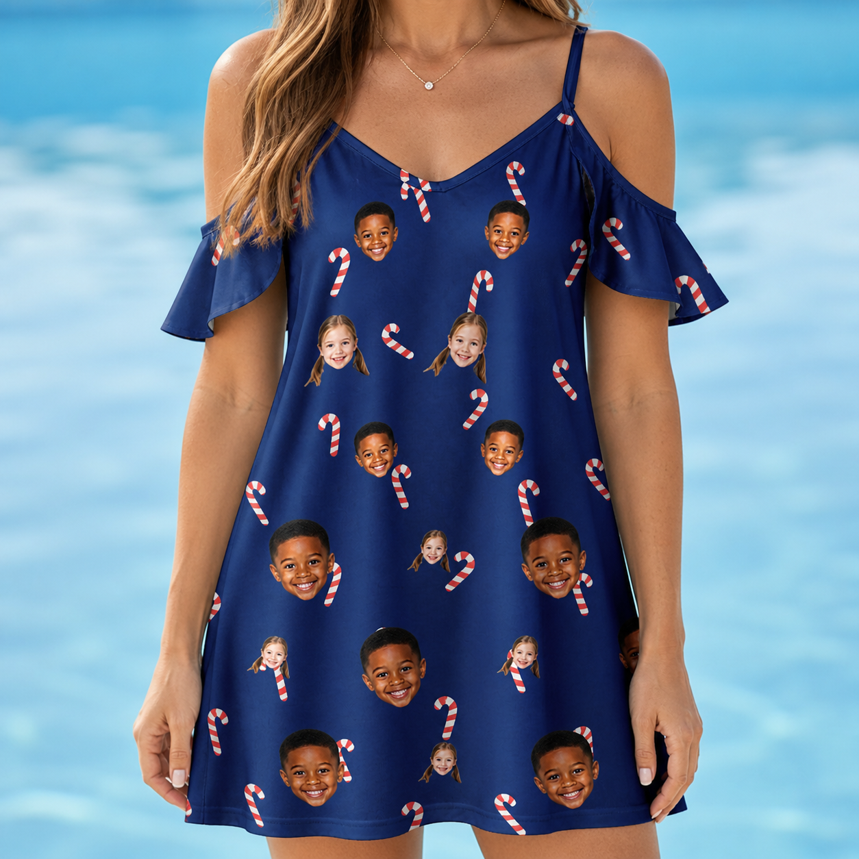 Model wearing Women's Peppermint Pizzazz Custom Face Off-Shoulder Dress printed with kids' faces