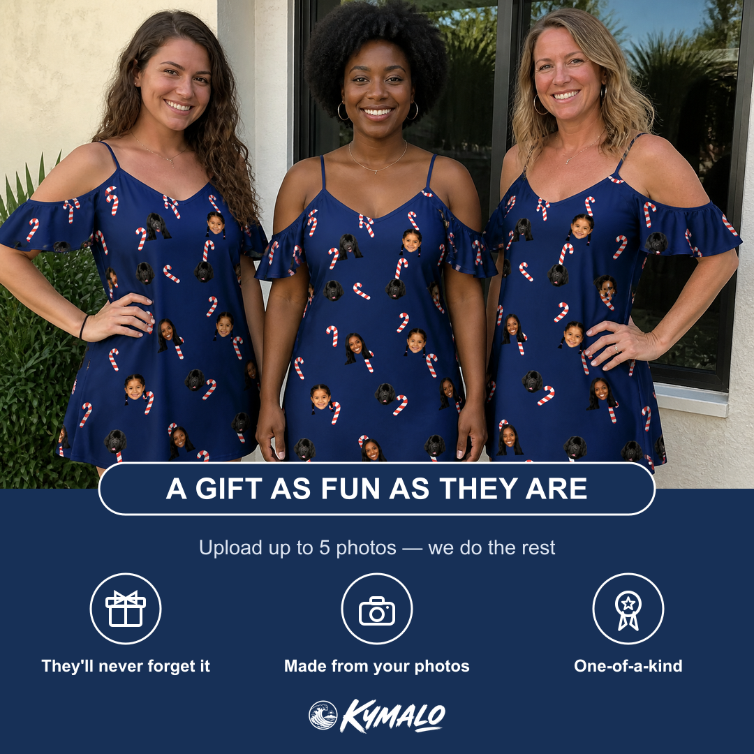 Friends in matching Women's Peppermint Pizzazz Custom Face Off-Shoulder Dress — a group gift photo