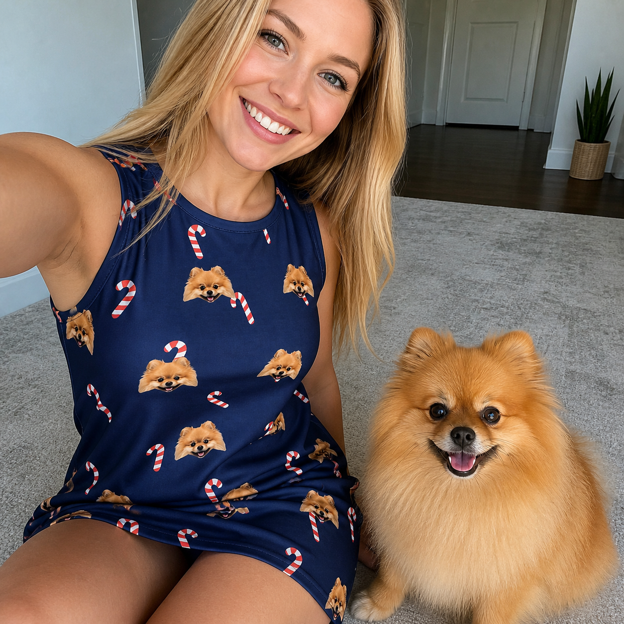 Selfie with the pet whose face is printed all over this Women's Peppermint Pizzazz Custom Dog Face Tank Dress