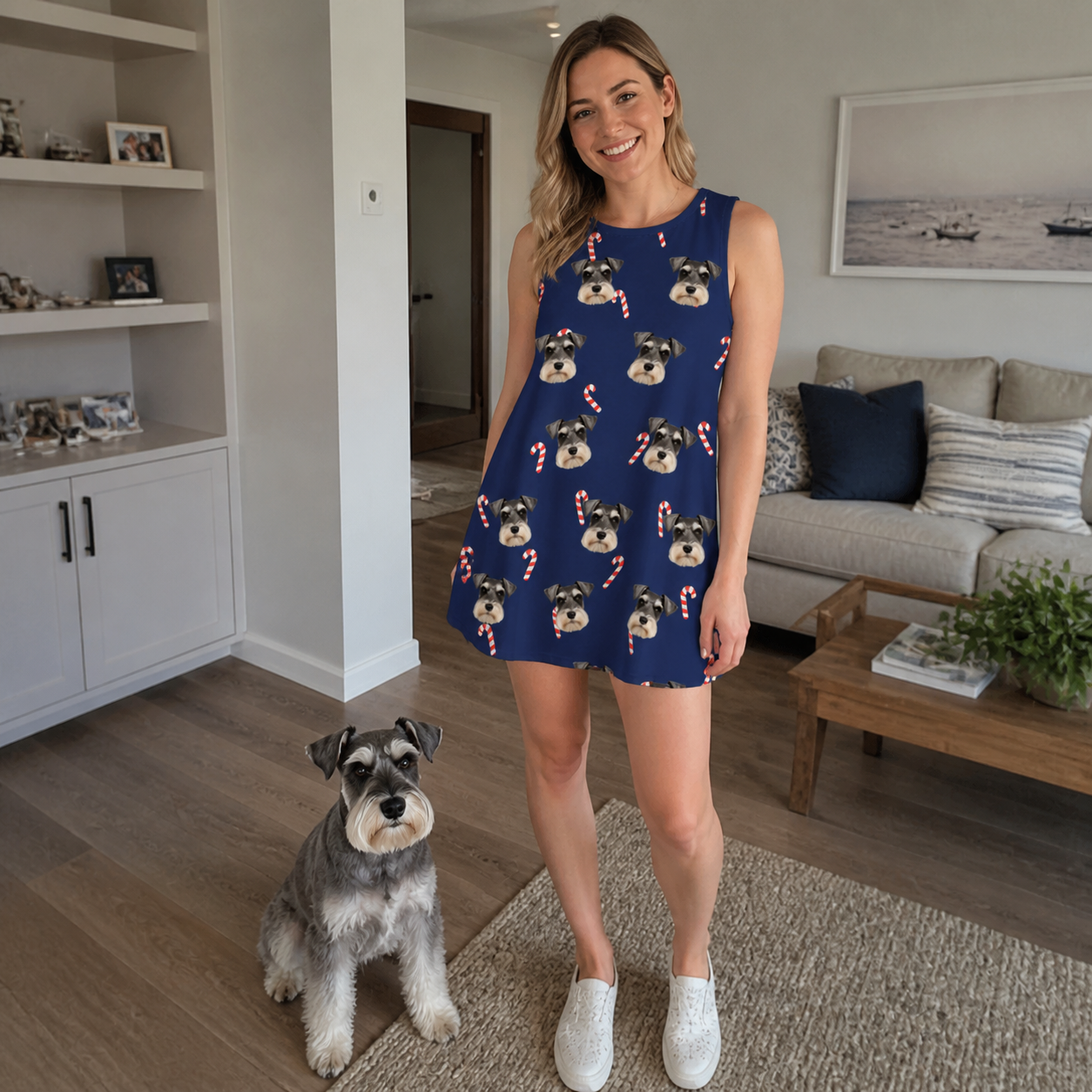 Full-length photo with the pet printed all over this Women's Peppermint Pizzazz Custom Dog Face Tank Dress