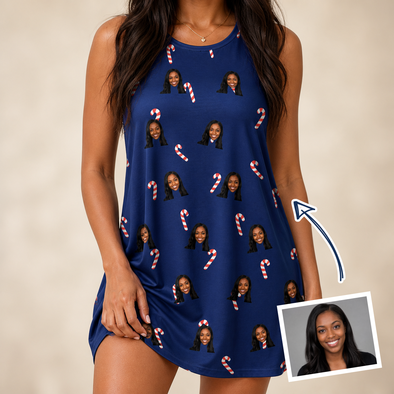 Woman wearing Women's Peppermint Pizzazz Custom Face Tank Dress — custom faces printed all-over