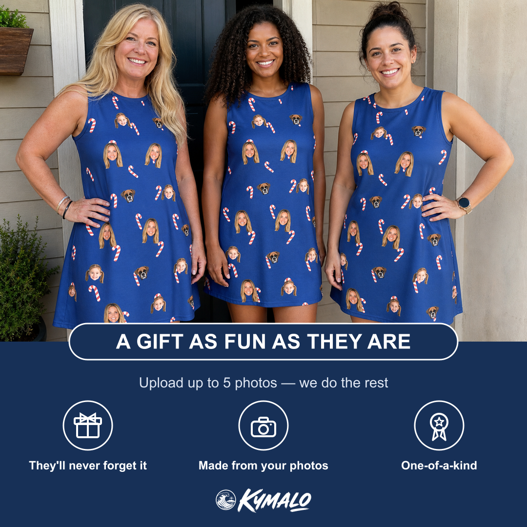 Friends in matching Women's Peppermint Pizzazz Custom Face Tank Dress — a group gift photo